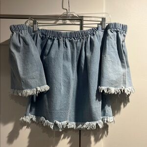 Revolve J.O.A. Denim Off-Shoulder Fringe Top